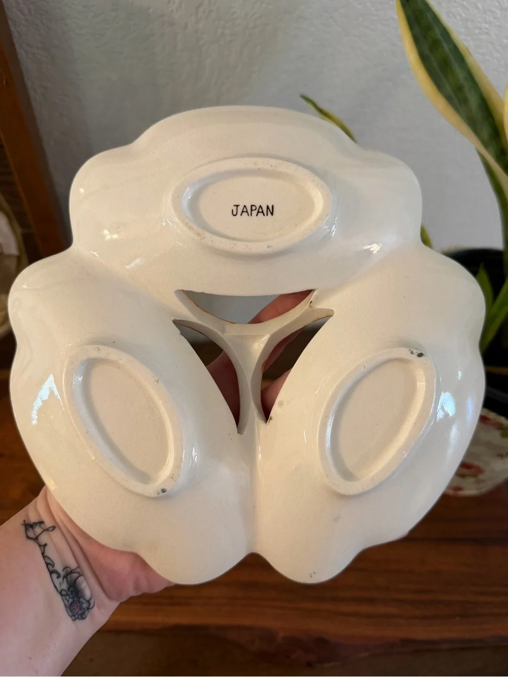 Mid-Century Hand-Painted Cream Ceramic 3-Section Serving Dish - Japan